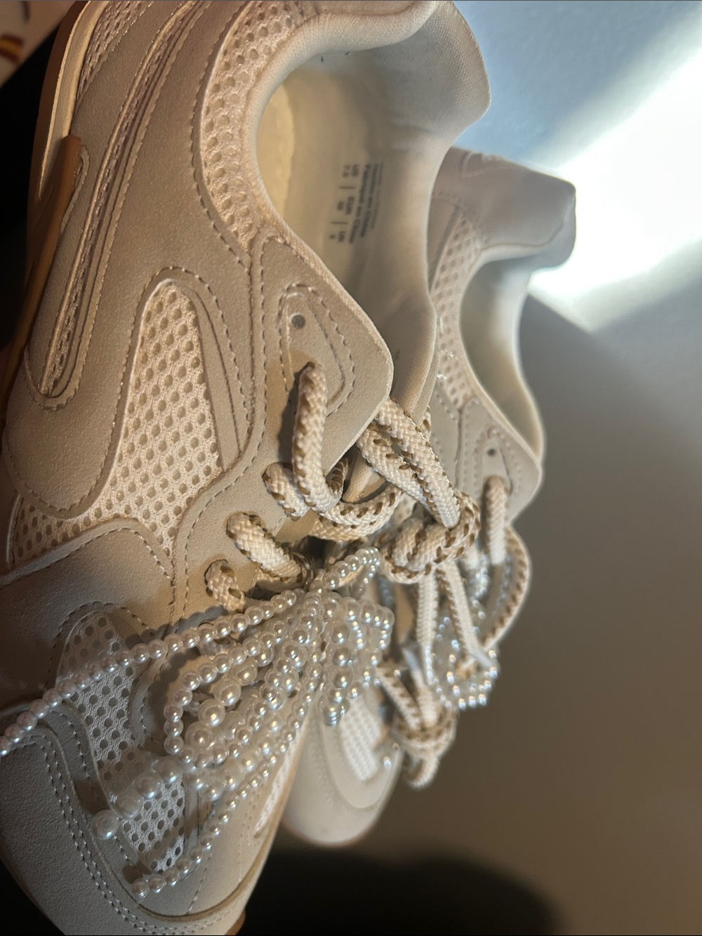 Women’s Cream Pearl-Embellished Lace-Up Sneakers